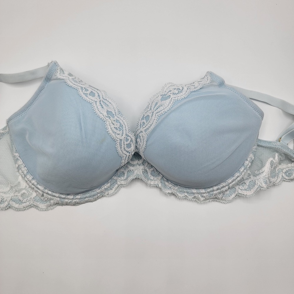 NATORI  Size 32DDD Feathers Contour Plunge Bra Baby Blue/White Lace 730023